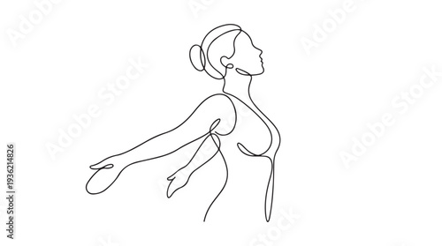 Graceful woman with outstretched arms in continuous line drawing style, embodying freedom, peace, and minimalist elegance