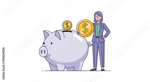 Businessman Standing with Piggy Bank and Coins.