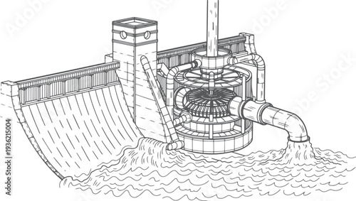 Hydroelectric Dam with Turbines Vector Illustration, Renewable Energy Power Plant Black Line Art, Hydropower Station Engineering Outline Drawing, Water Electricity Generation Industrial Infrastructure