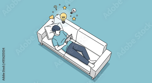 Man Relaxing on Couch with Ideas.