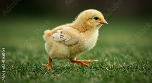 Small Yellow Chick Walking on Green Grass in Outdoor Setting