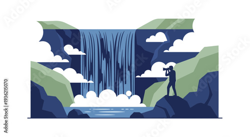 Man Standing Near Waterfall Illustration.