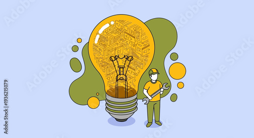 Man Standing Beside Large Yellow Lightbulb.