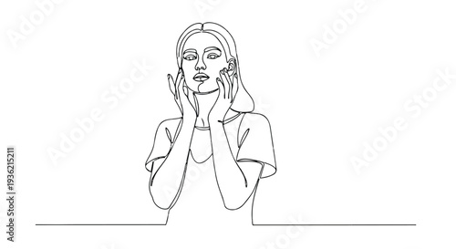 Minimalist continuous line drawing of a young woman touching her face with her hands in a serene pose