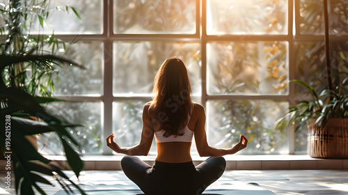 Woman meditating in lotus pose by the window