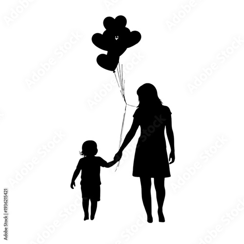 Mother and daughter silhouette vector illustration with heart balloons celebrating love and family on a white background