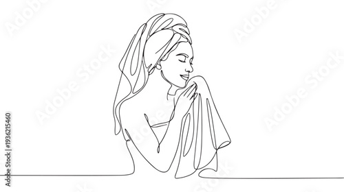 Elegant continuous line art capturing a moment of serene relaxation for a woman in a towel, a minimalist illustration perfect for beauty concepts