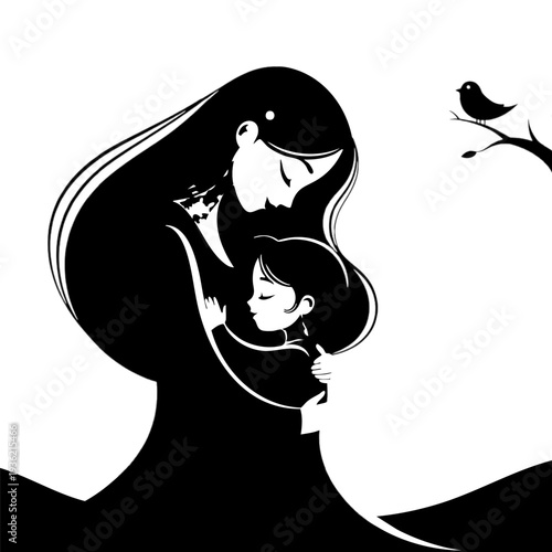 Mother hugging child tenderly in peaceful landscape, serene vector illustration of love and protection, family bonding moment, digital art