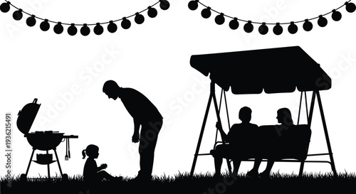 Family backyard barbecue silhouettes scene, father grilling with child and couple relaxing on swing, outdoor summer lifestyle illustration