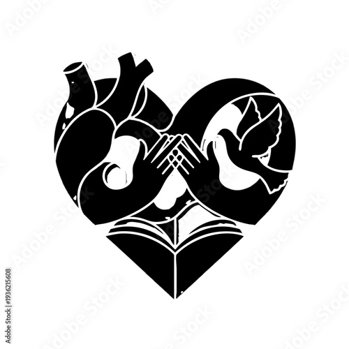 Heart organ anatomical illustration with handshake and dove graphic design concept on white background vector