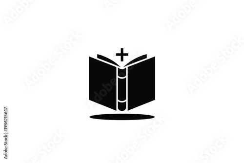 Bible icon with cross on top, simple black silhouette illustration