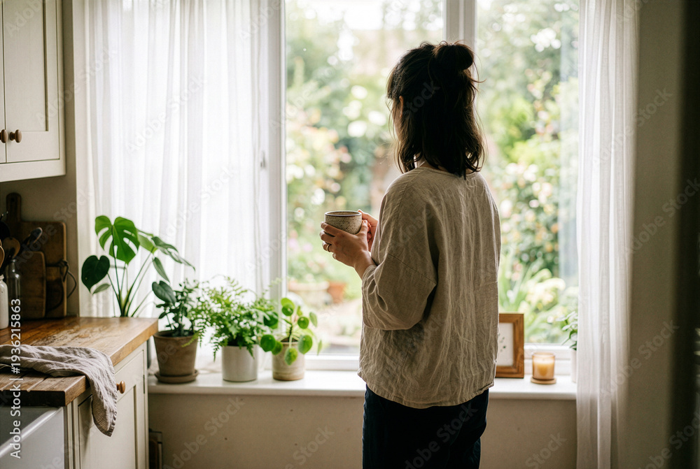 Fototapeta premium Warm editorial lifestyle series of specialty coffee rituals at home. Ceramic mugs, pour over, coffee beans, wooden surfaces. Soft natural light, film grain, cozy morning atmosphere.
