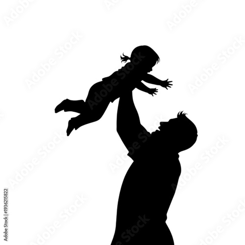 Father lifting daughter silhouette vector illustration on white background happily