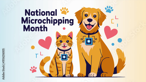 National microchipping month illustration of a happy dog and cat with microchips