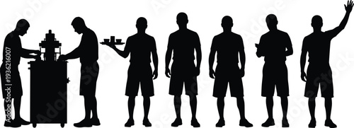 Ice cream vendor silhouettes set, street food seller serving dessert cart, worker poses illustration isolated collection