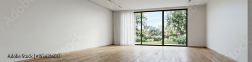 Modern minimal living room featuring wood floor with a large window elegant contemporary white room ,Color of the Year 2026 – Cloud Dancer ,copy space ,empty room.3Drender