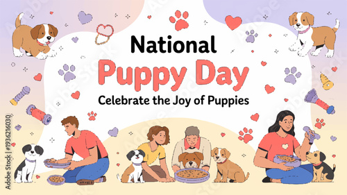 National puppy day celebration with people and dogs playing outdoors
