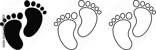 Baby footprints silhouette and outline vector illustration, infant foot prints icon set in solid and line art style isolated
