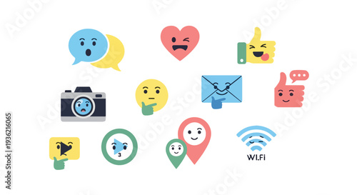 Minimal flat vector of social media and communication icons with expressive faces, trendy colors, white backdrop