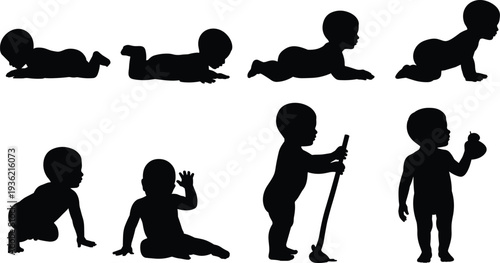 Baby growth stages silhouette vector illustration, infant development milestones from crawling to standing and walking, child progression timeline isolated on white background