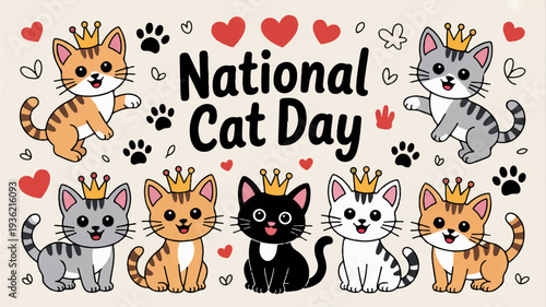 Adorable cats with crowns celebrate national cat day with hearts and paw prints on beige background