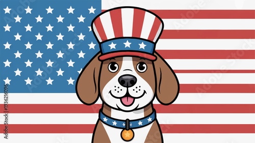 Patriotic dog in american flag hat and collar smiling cheerfully on independence day