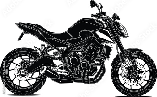 Modern sport motorcycle silhouette, naked street bike side view illustration, detailed motorbike design, black motorcycle graphic isolated