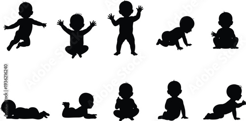 Baby silhouettes in various poses sitting, crawling and standing, cute infant development stages vector illustration collection isolated on white background