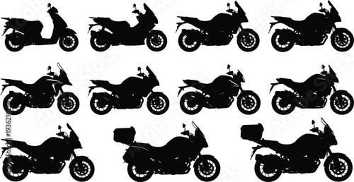 Motorcycle silhouettes collection, sport and touring motorbike side views, black bike silhouettes isolated illustration set for transportation design