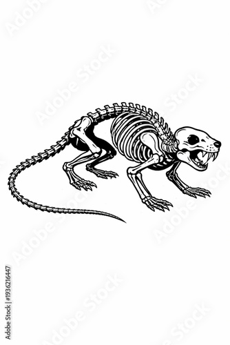 Side view rat skeleton, detailed skull, rib cage, spine, pelvis, long tail vertebrae, clean bold line art, black and white vector, isolated on white background