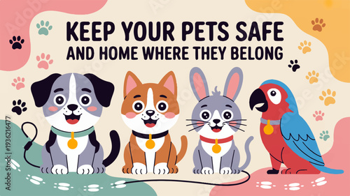 Colorful pets with collars and leash on abstract background with text keep your pets safe