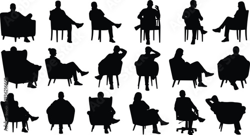 People sitting armchair silhouettes collection, men and women relaxing poses, lounge chair human figures, black silhouettes isolated