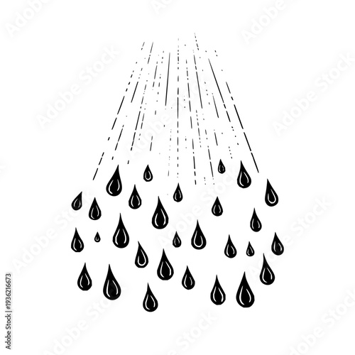 Illustration of falling rain drops with rays of light shining through the clouds above them all around it