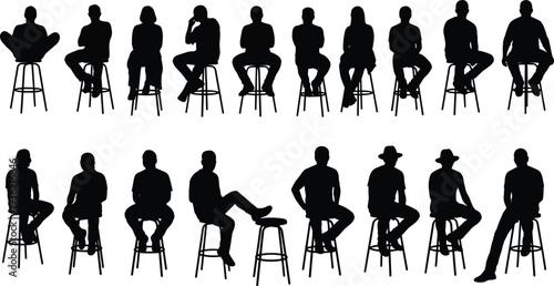 People sitting stool silhouettes collection, men and women seated bar stool poses, human figure silhouettes isolated illustration