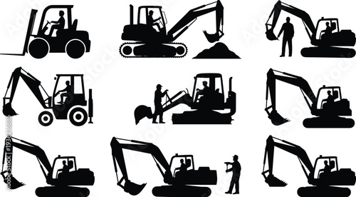 Construction machinery silhouette set, excavator forklift and backhoe loader with operators, heavy industrial equipment collection isolated on white background vector illustration