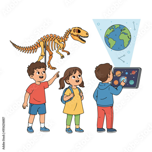 Three curious children learning about science, with two examining a dinosaur skeleton and one exploring a tablet's augmented reality display of Earth and planets.