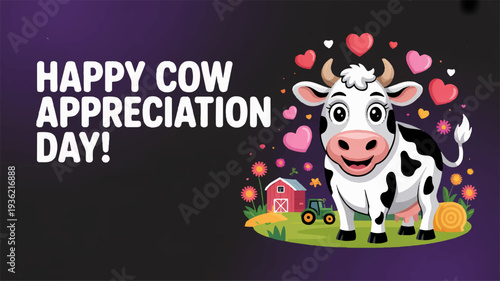 Happy cow appreciation day illustration with smiling cow and hearts on purple background
