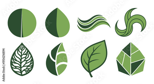 Collection of eight green leaf icons and organic nature logos for eco-friendly branding, featuring minimalist, geometric, and abstract botanical design elements