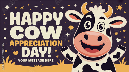 Happy cartoon cow with horns and spots on a starry night background for cow appreciation day