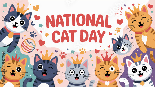 National cat day celebration with happy cartoon cats wearing crowns and hearts