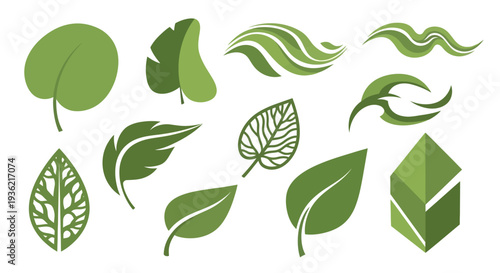 Set of green leaf icons and nature logos for eco-friendly branding and environmental design projects. Various organic shapes and vector symbols on white space.