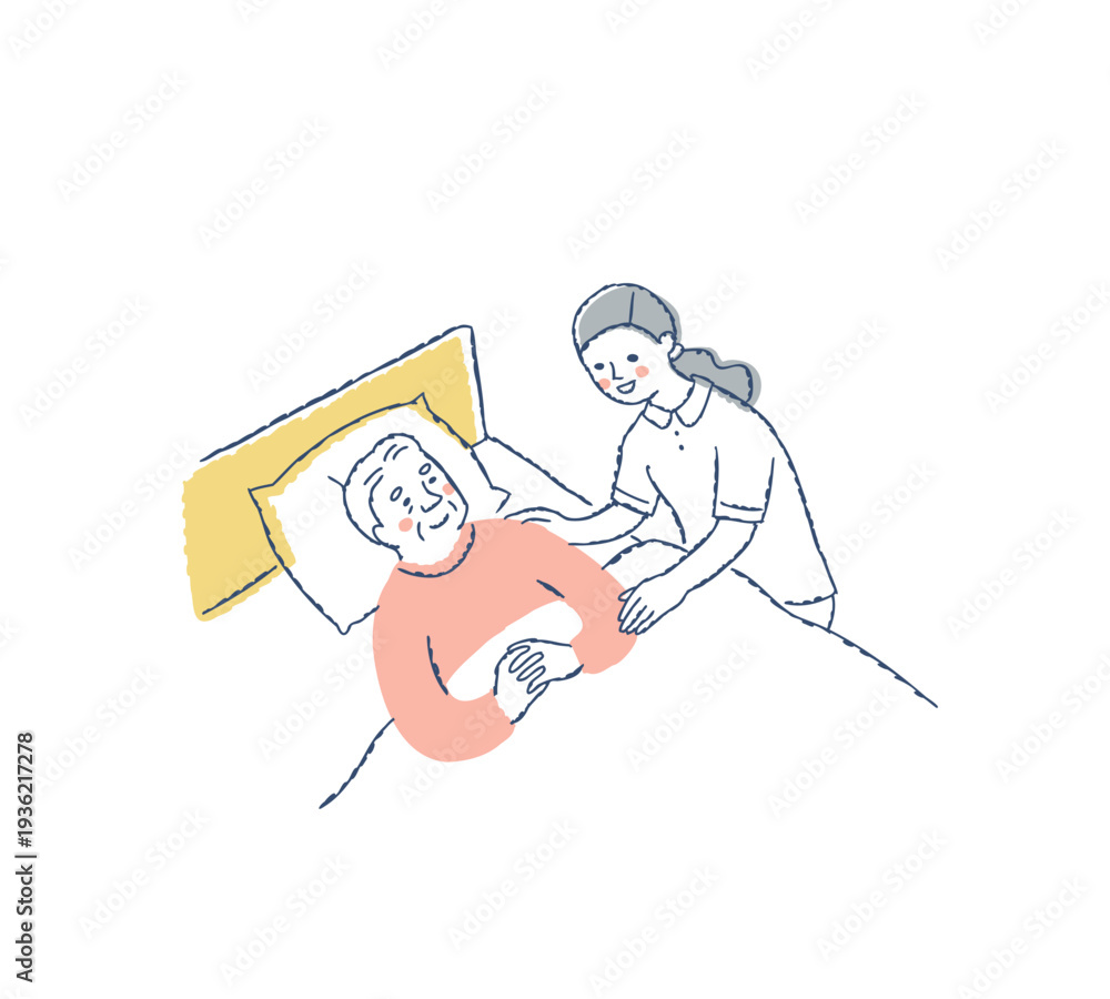 Fototapeta premium ベッドに寝ているシニア男性と介護している女性