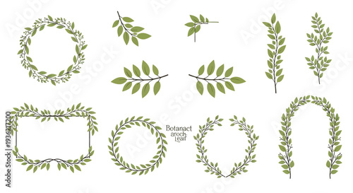 Elegant Botanical Leaf Wreath and Branch Vector Collection with Green Foliage Frames, Arches, and Borders for Wedding Invitations, Cards, and Organic Branding.