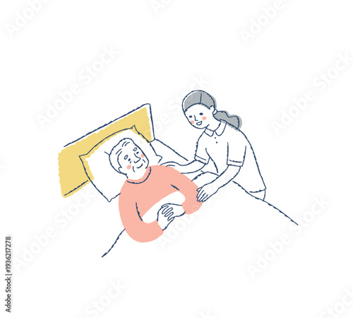 ベッドに寝ているシニア男性と介護している女性