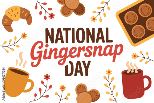 Gingersnap cookies and coffee celebrate National Gingersnap Day with festive illustration