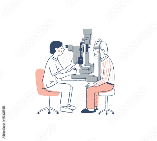 スリットランプで眼の検査をする医者と男性患者