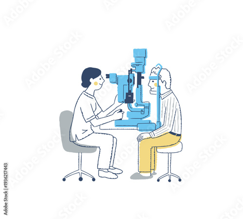 スリットランプで眼の検査をする医者と男性患者