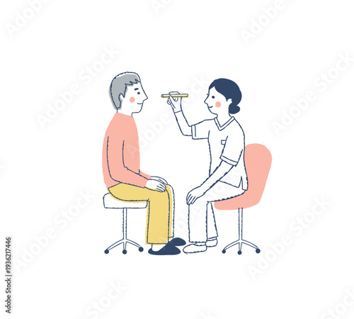 ペンライトで検査をしている医者と男性患者