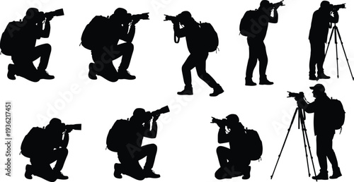 Photographer silhouettes set, professional camera operators shooting photos, photography poses collection, black photographer silhouettes isolated for media design