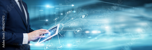 Businessman analysing energy technology data and global power network on tablet device, renewable energy, smart grid, sustainable energy solutions, industrial energy management.